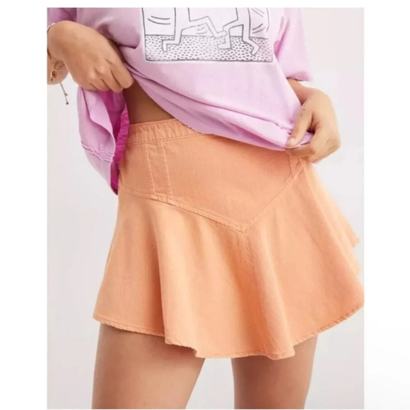 aerie Dresses & Skirts - Aerie Peachy Orange Pull On Circle Denim Mini Skirt Women's Size Large
